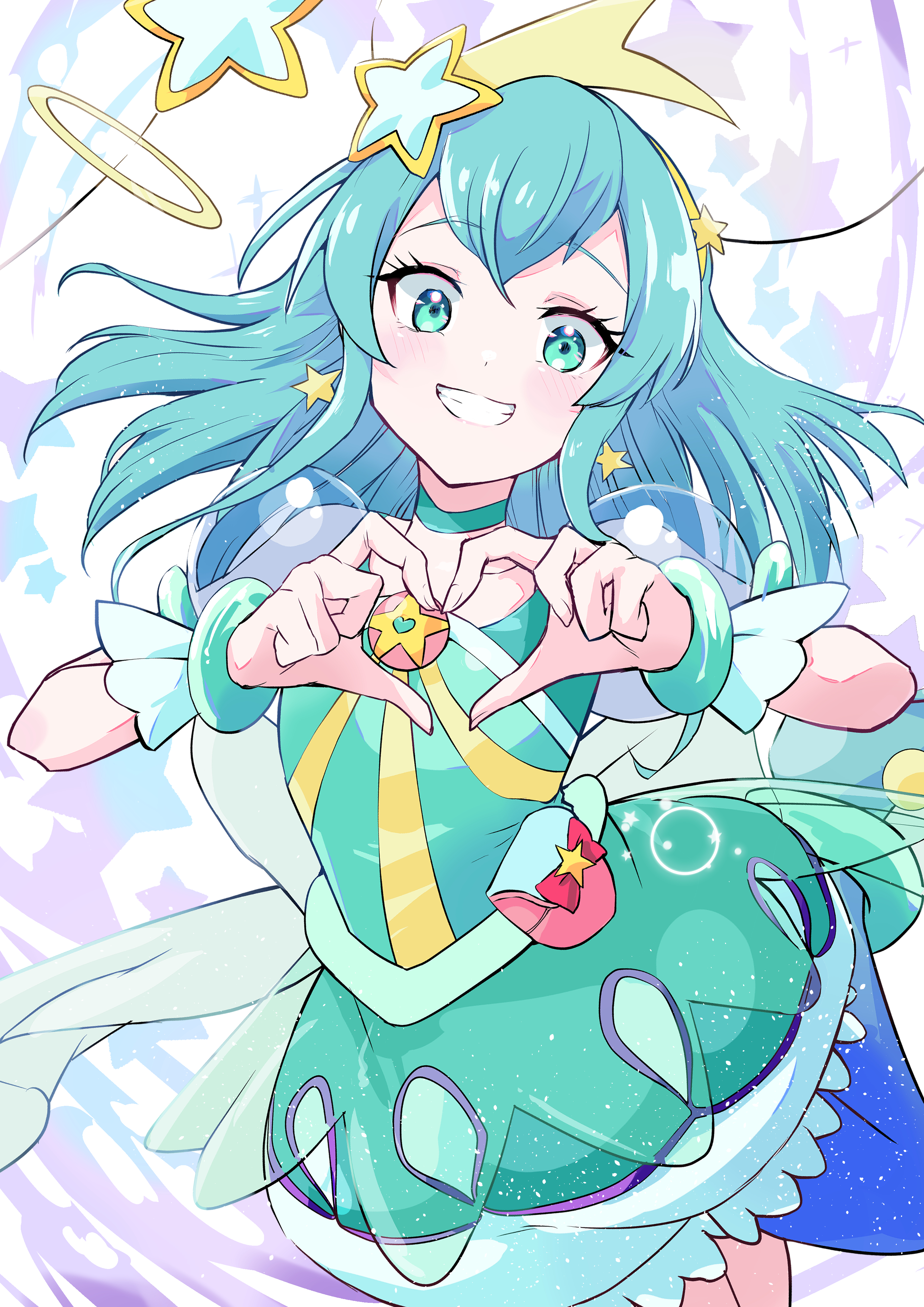 1girl absurdres aqua_choker aqua_dress aqua_eyes aqua_hair bracelet brooch choker commentary cowboy_shot cure_milky dress earrings grin hagoromo_lala hair_ornament hairband heart heart_hands highres jewelry keijirou_(mukunozaltusou) looking_at_viewer magical_girl medium_hair pointy_ears pouch precure puffy_short_sleeves puffy_sleeves see-through_clothes see-through_sleeves short_dress short_sleeves smile solo standing star_(symbol) star_brooch star_earrings star_hair_ornament star_twinkle_precure yellow_hairband