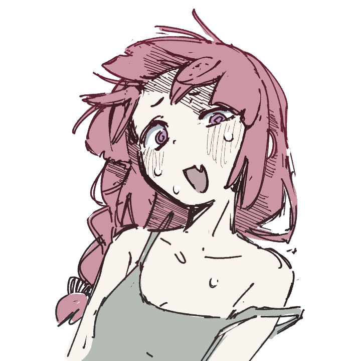 1girl bare_shoulders bocchi_the_rock! braid breasts cleavage dress fang green_dress hiroi_kikuri looking_at_viewer machuuu68 open_mouth purple_eyes purple_hair simple_background single_braid sleeveless sweat