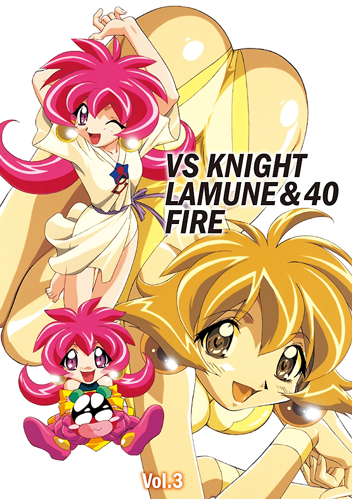 1990s_(style) 2girls arms_up ass barefoot breasts cleavage copyright_name crossed_arms drum_(lamune) earrings flipped_hair jewelry long_hair medium_breasts multiple_girls official_art open_mouth parfait_(lamune) pink_hair pq_(lamune) retro_artstyle short_hair short_sleeves simple_background top-down_bottom-up vs_knight_lamune_&amp;_40_fire white_background wristband