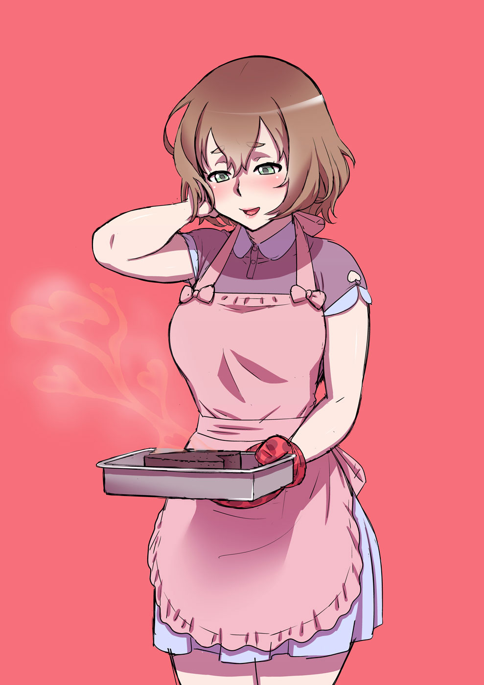 1girl amai_odayaka apron aqua_eyes arm_behind_head blue_skirt blush brown_hair cake food heart heart-shaped_cake heart-shaped_food highres kjech mittens purple_shirt shirt skirt smile steam tray yandere_simulator