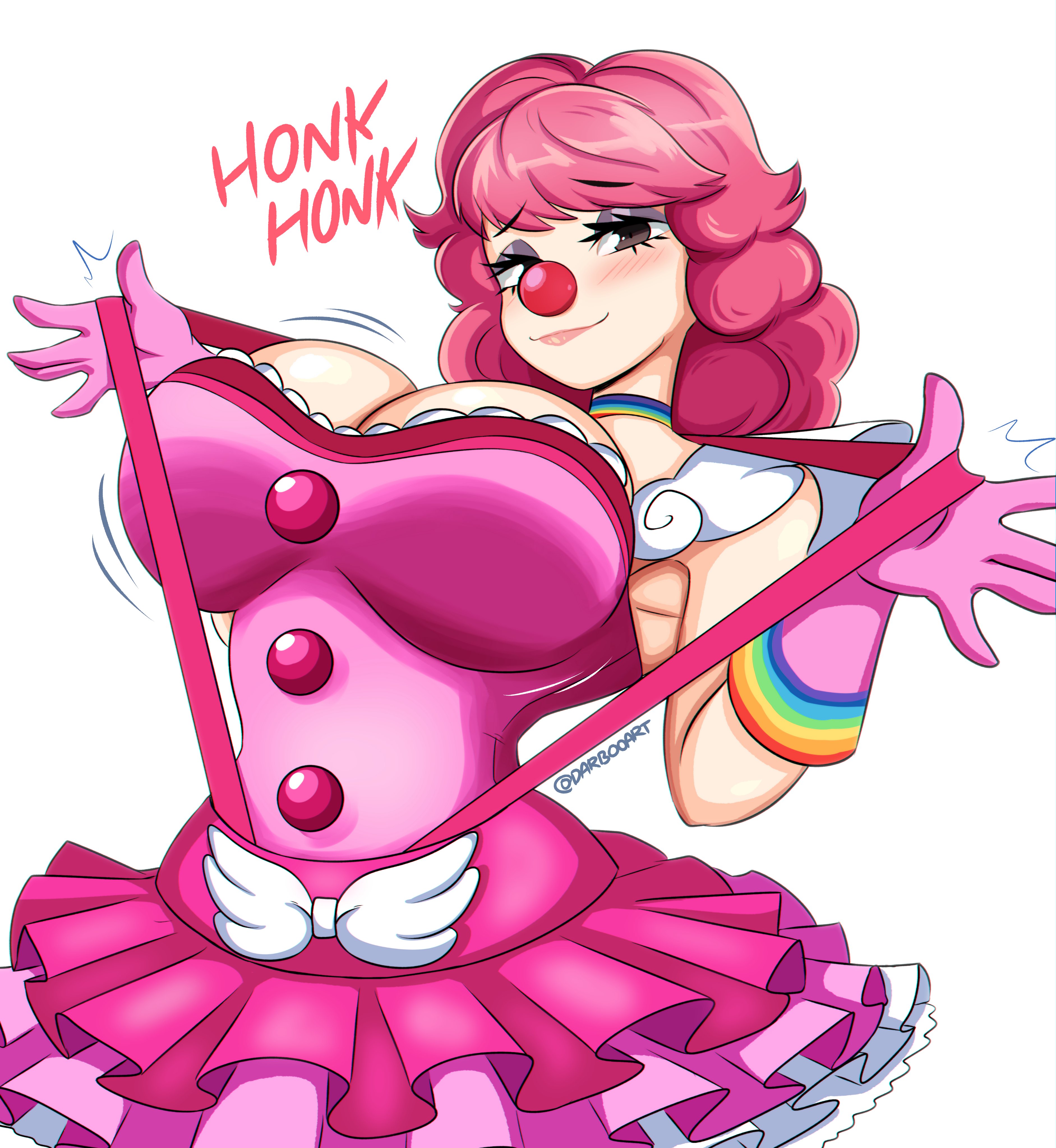 1girl absurdres ace_attorney armpits blush breasts choker cleavage clown_girl clown_nose darboo female_focus frilled_skirt frills geiru_toneido gloves highres large_breasts looking_at_viewer medium_hair pauldrons phoenix_wright:_ace_attorney_-_spirit_of_justice pink_hair rainbow shoulder_armor skirt solo suspenders suspenders_pull