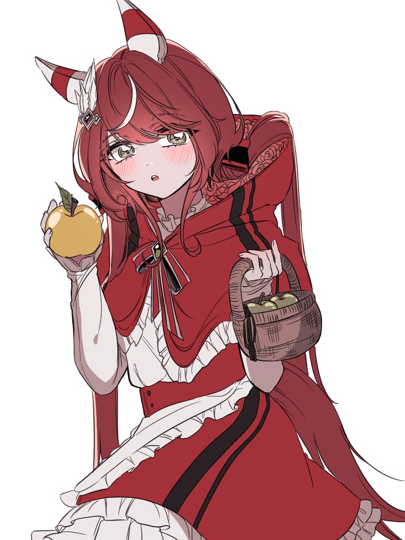 1girl animal_ears apple basket blush brown_eyes brown_hair capelet ear_covers food frilled_skirt frills fruit green_apple hair_flowing_over holding holding_basket holding_food holding_fruit horse_ears horse_girl horse_tail jeom_(umaumauma1042) leaf long_hair long_sleeves multicolored_hair parted_lips red_capelet red_shirt red_skirt shirt simple_background skirt solo swept_bangs tail teeth umamusume upper_teeth_only very_long_hair white_background white_hair win_variation_(umamusume)