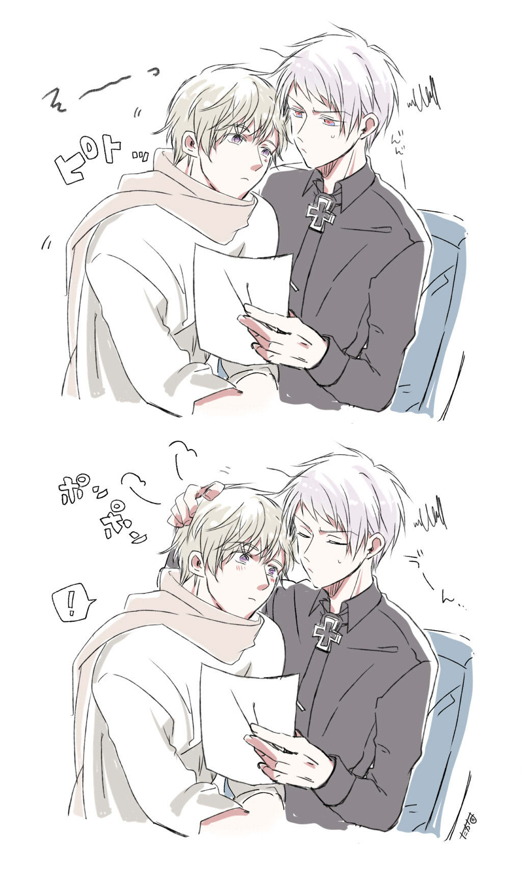 ! 2boys axis_powers_hetalia black_necktie black_shirt blonde_hair blush brown_scarf chair closed_eyes closed_mouth collared_shirt commentary_request cross grey_hair hair_between_eyes hand_on_another&#039;s_head hands_up highres holding holding_paper iron_cross long_sleeves looking_at_another male_focus multiple_boys multiple_views necktie on_chair paper petting pink_eyes prussia_(hetalia) purple_eyes russia_(hetalia) scarf shirt short_hair simple_background sitting spoken_exclamation_mark sweatdrop user_zgxg5478 v-shaped_eyebrows white_background white_shirt yaoi
