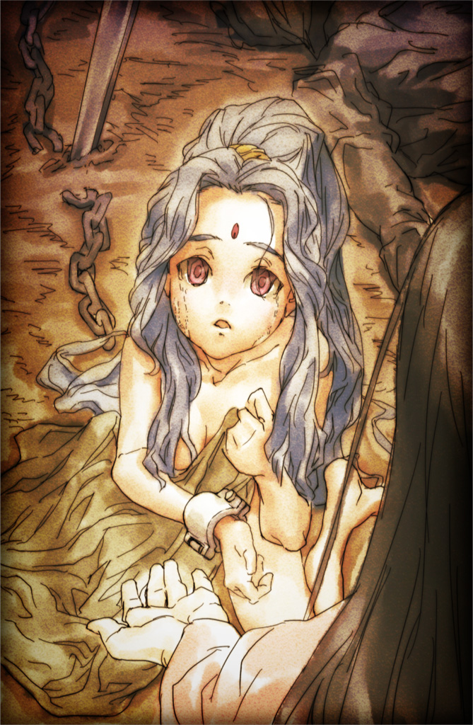 1boy 1girl alielle blue_hair breasts chain cuffs el_hazard long_hair open_mouth pink_eyes ponytail shackles supersilph topless_female
