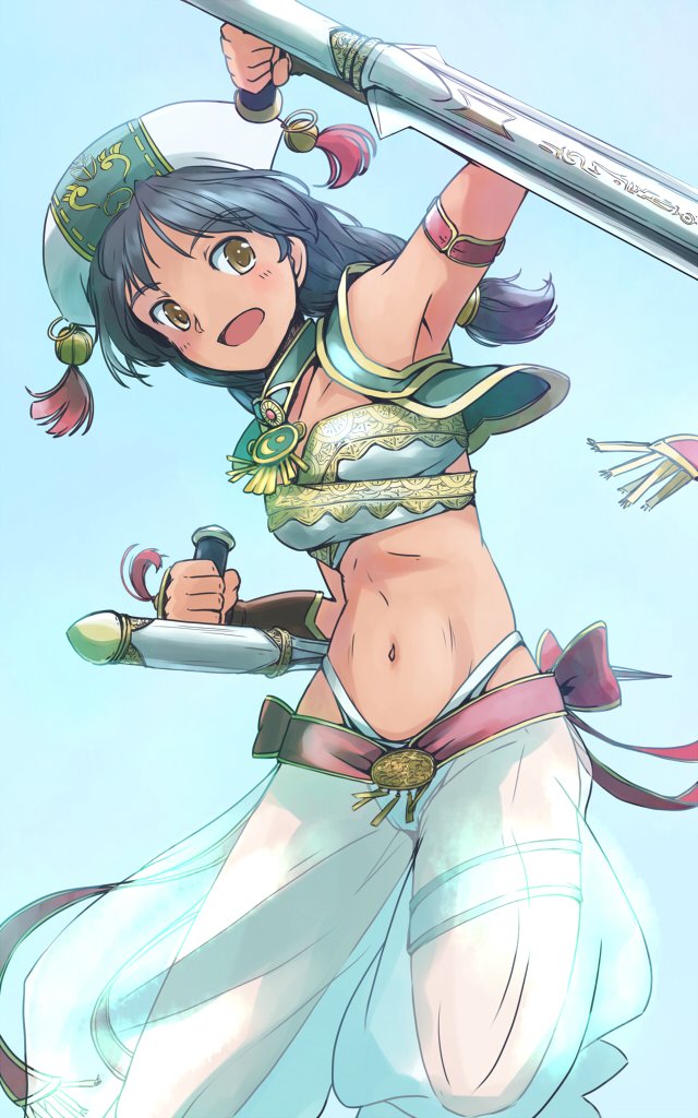 1girl black_hair braid breasts brown_eyes dark-skinned_female dark_skin hat holding jewelry long_hair midriff navel open_mouth rangycrow simple_background small_breasts solo soul_calibur talim tonfa twin_braids twintails weapon
