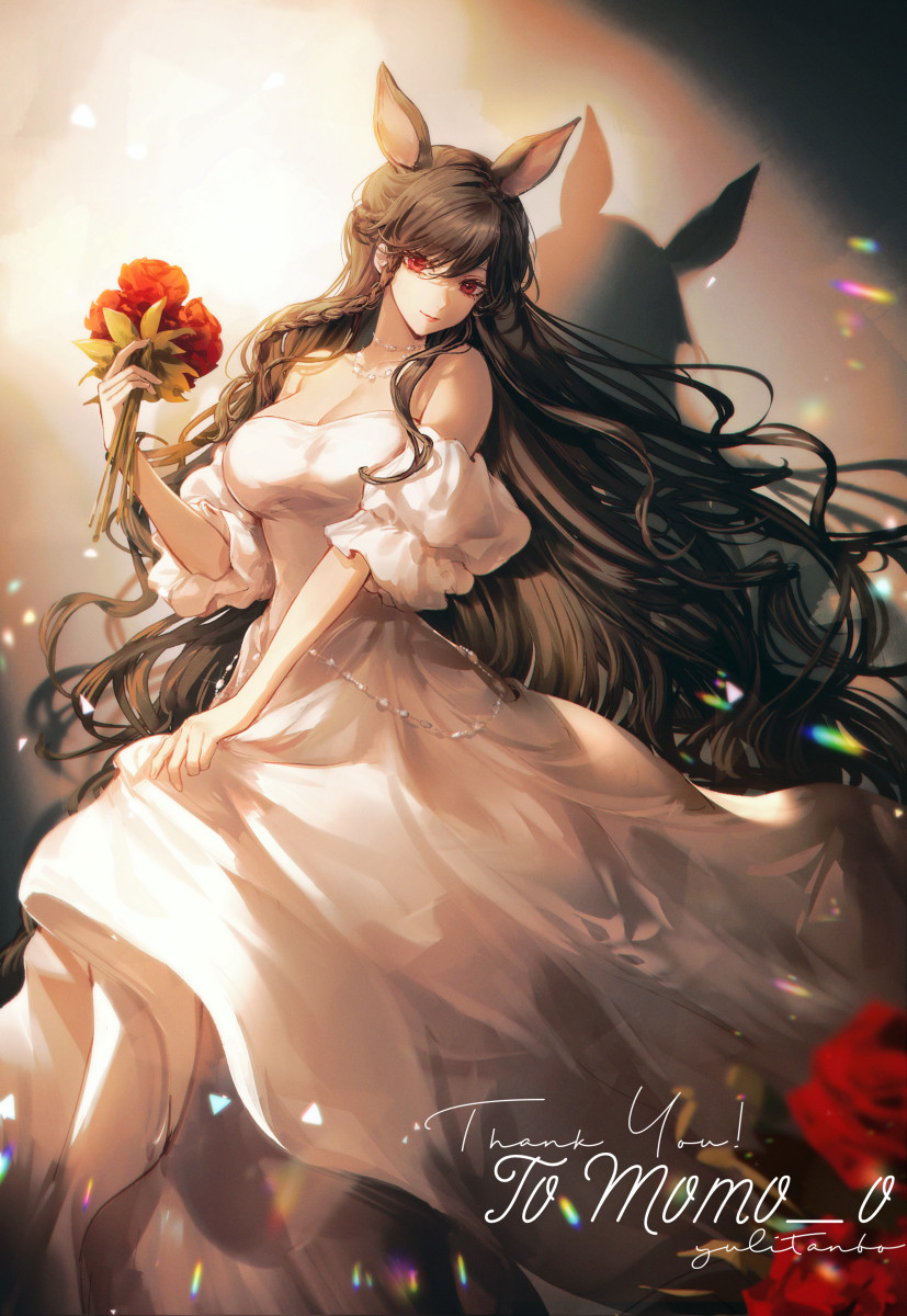 1girl animal_ears braid breasts brown_hair cleavage commission dress flower highres horse_ears horse_girl jewelry large_breasts light_smile long_hair looking_at_viewer necklace off-shoulder_dress off_shoulder original pearl_necklace red_eyes red_flower side_braid skeb_commission skirt_hold solo very_long_hair white_dress yuli_(yulipo)