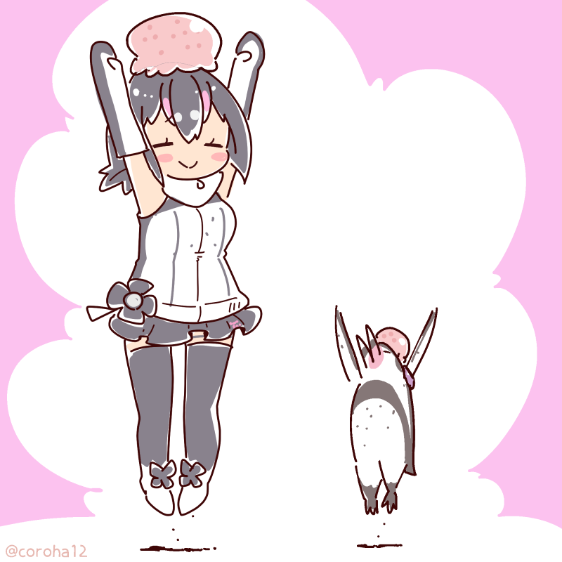 animal_costume bird black_hair coroha grape-kun humboldt_penguin_(kemono_friends) kemono_friends kemono_friends_v_project multicolored_hair penguin penguin_costume penguin_girl pink_hair short_hair virtual_youtuber