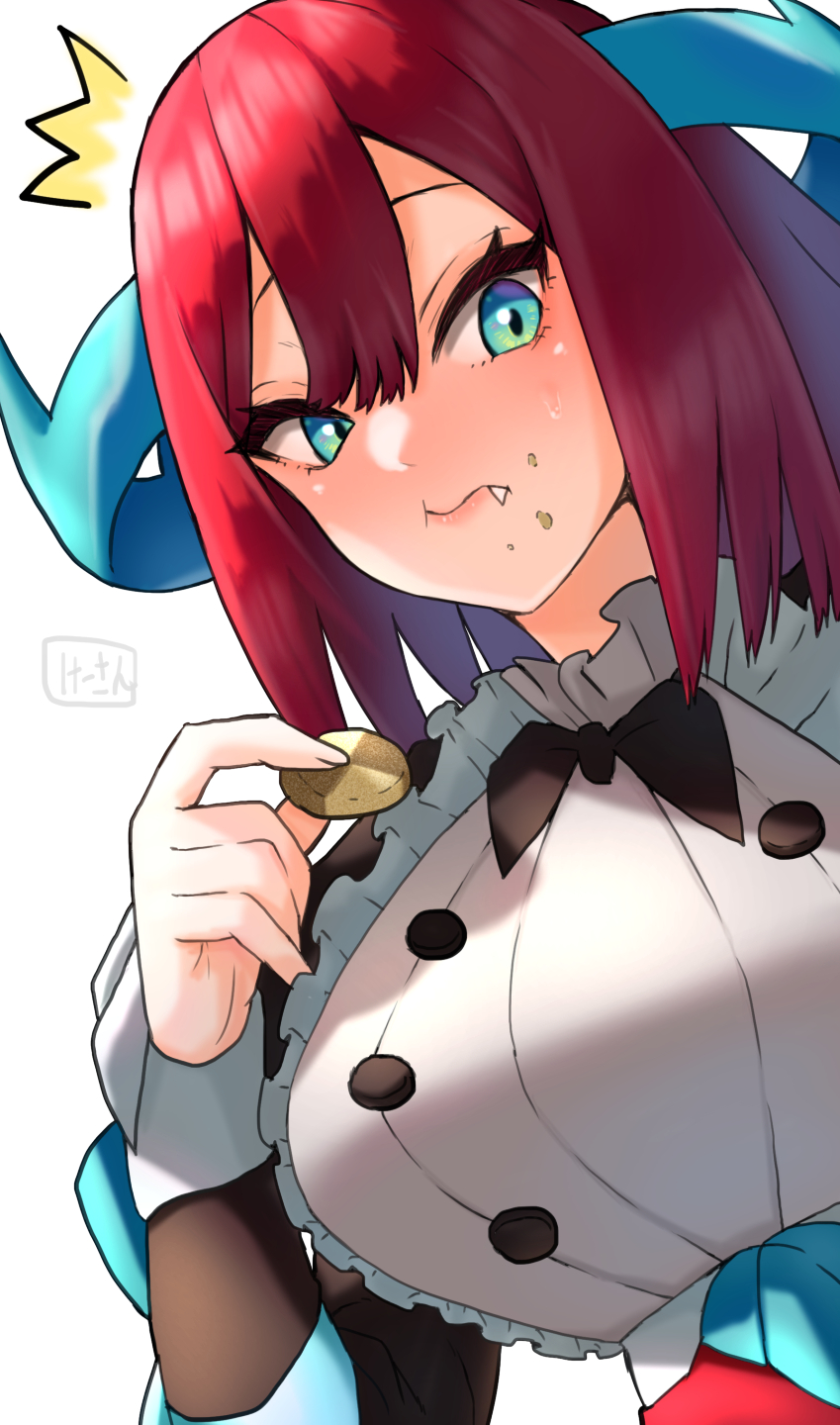 1girl :t apron blue_eyes breasts closed_mouth cookie dragon_girl dragon_horns duel_monster eating fang food frilled_apron frills hair_between_eyes highres holding holding_cookie holding_food horns ke-su kitchen_dragonmaid large_breasts lips long_hair long_sleeves looking_at_viewer maid_apron red_hair simple_background solo white_apron white_background yu-gi-oh!
