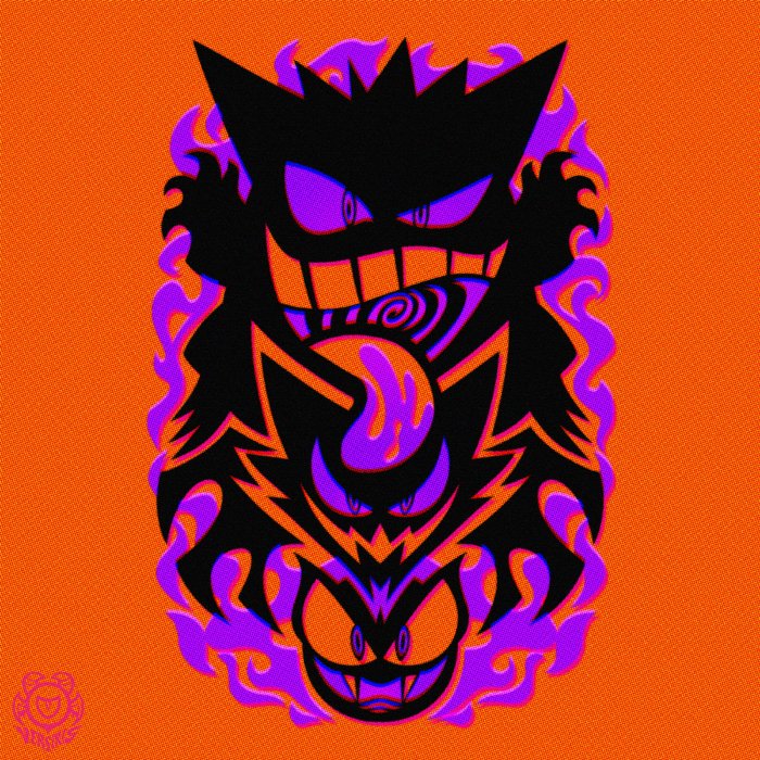 evolutionary_line fangs full_body gastly gen_1_pokemon gengar grin haunter looking_at_viewer nintendo open_mouth orange_background pokemon pokemon_(creature) simple_background smile teeth tongue tongue_out versiris