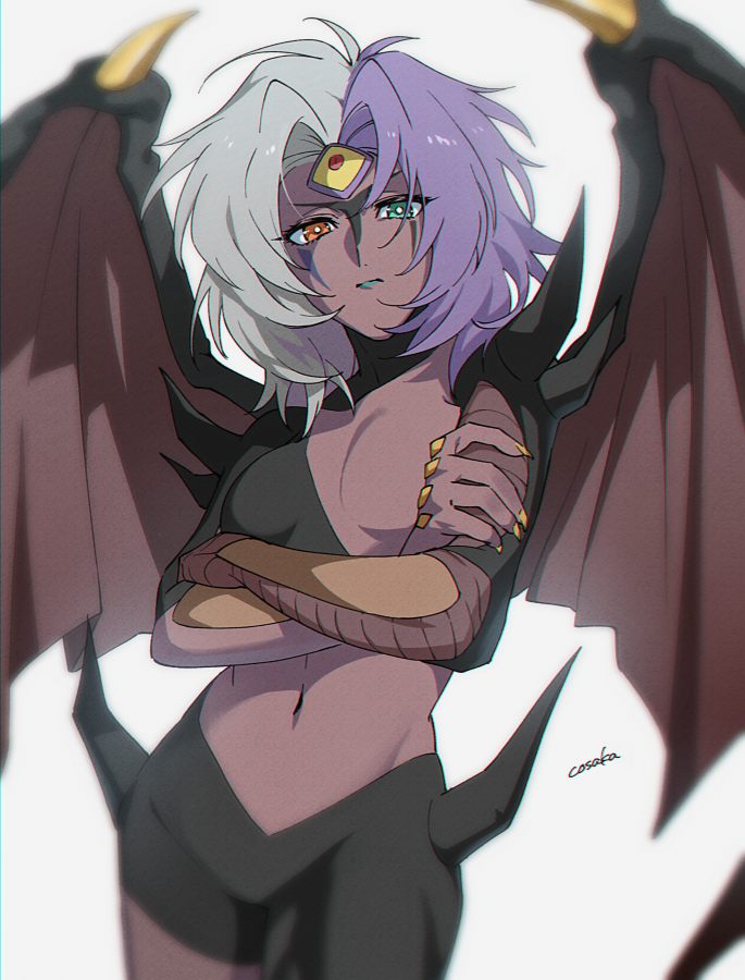 1other blurry bright_pupils closed_mouth crossed_arms demon_wings depth_of_field green_eyes heterochromia looking_at_viewer lunapont multicolored_hair navel orange_eyes other_focus pectorals purple_hair signature single_breast solo split-color_hair white_background white_pupils wings yu-gi-oh! yu-gi-oh!_gx yubel