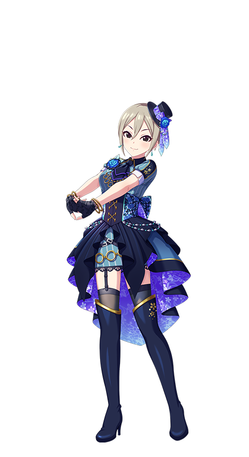 1girl black_eyes boots dress fingerless_gloves full_body garter_straps gloves grey_hair hat high_heel_boots high_heels idol_clothes idolmaster idolmaster_cinderella_girls idolmaster_cinderella_girls_starlight_stage interlocked_fingers mini_hat official_art shiomi_syuko smile solo thigh_boots thighhighs transparent_background