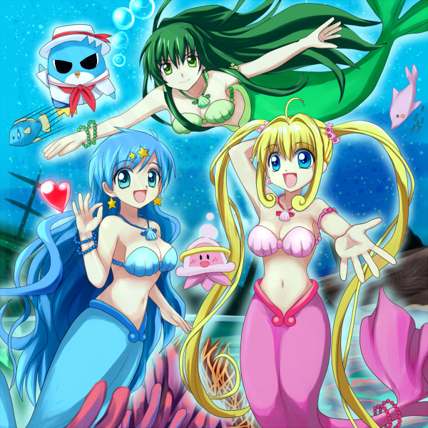 00s 3girls :d armlet bikini bird blonde_hair blue_eyes blue_hair bracelet breasts bubble cleavage dolphin fish green_eyes green_hair hair_ornament heart hippo_(mermaid_melody_pichi_pichi_pitch) houshou_hanon houshou_hanon_(mermaid) jellyfish jewelry kura-chan long_hair mermaid mermaid_melody_pichi_pichi_pitch miru momo-chan monster_girl multiple_girls nanami_lucia nanami_lucia_(mermaid) necklace open_mouth outstretched_arm pendant penguin seashell shell shell_bikini smile star_(symbol) star_hair_ornament touin_rina touin_rina_(mermaid) twintails underwater