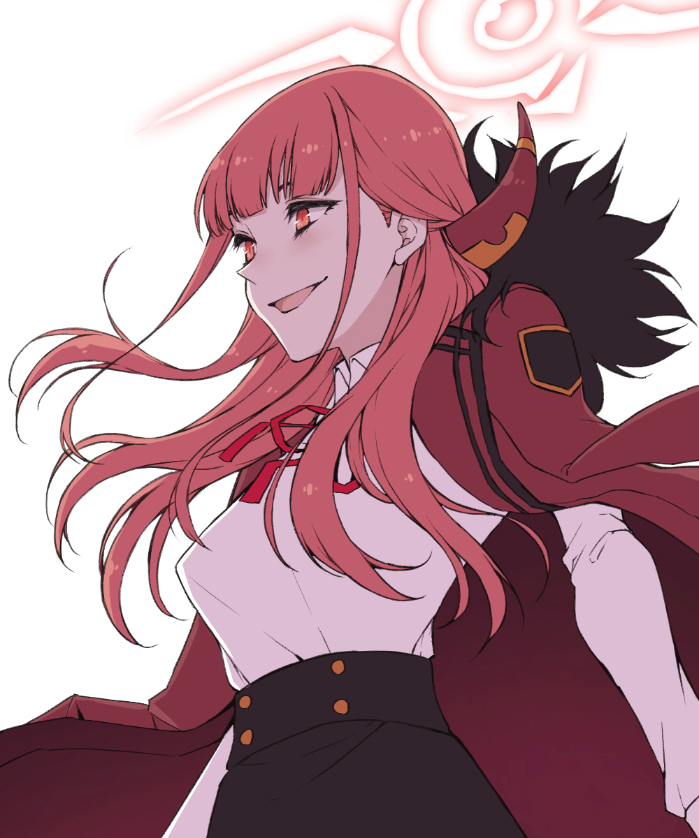 1girl aru_(blue_archive) blue_archive coat coat_on_shoulders commentary_request floating_hair halo haruhito_(divineshalt) highres horns long_hair looking_to_the_side open_mouth pink_eyes pink_hair skirt smile solo