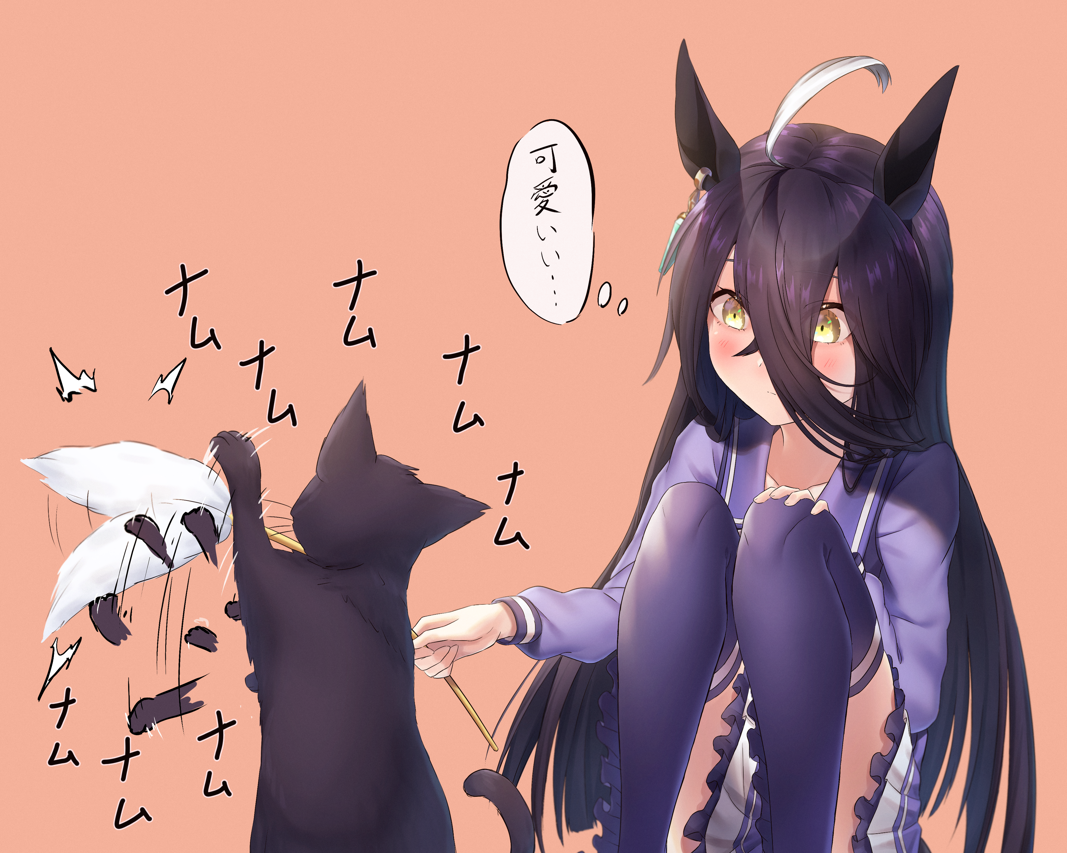 1girl absurdres ahoge animal_ears black_cat black_hair cat cat_teaser earrings hair_between_eyes highres holding_cat_teaser horse_ears horse_girl jewelry long_hair manhattan_cafe_(umamusume) multicolored_hair orange_background purple_shirt purple_thighhighs reo-illust4696 school_uniform shirt simple_background single_earring solo speech_bubble squatting thighhighs thought_bubble tracen_school_uniform translation_request two-tone_hair umamusume white_hair yellow_eyes