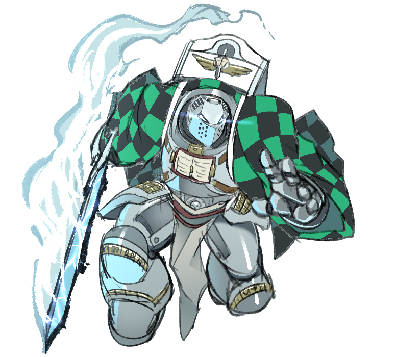 armor checkered_clothes checkered_haori cosplay crossover grey_knight haori helmet holding holding_sword holding_weapon japanese_clothes kamado_tanjirou kamado_tanjirou_(cosplay) kimetsu_no_yaiba nemesis_force_weapon power_armor simple_background sword ukavonnak warhammer_40k weapon white_background