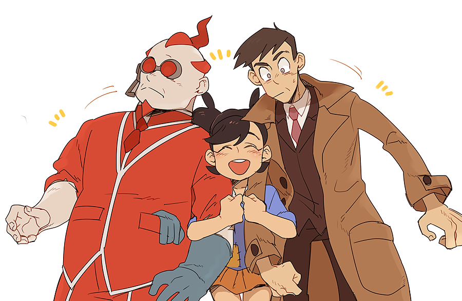 1girl 2boys :d blue_gloves blue_shirt blush brown_hair brown_jacket closed_eyes coat colored_skin commentary denbaa earpiece emma_(pokemon) english_commentary facial_hair formal_clothes gloves goggles grey_eyes jacket locked_arms long_hair looker_(pokemon) motion_lines multiple_boys necktie nintendo open_mouth orange_skirt pants patch pokemon pokemon_xy red_hair red_necktie red_pants red_shirt red_suit shirt short_hair simple_background skirt smile suit sweatdrop team_flare teeth trench_coat upper_teeth_only white_background white_skin xerosic_(pokemon)