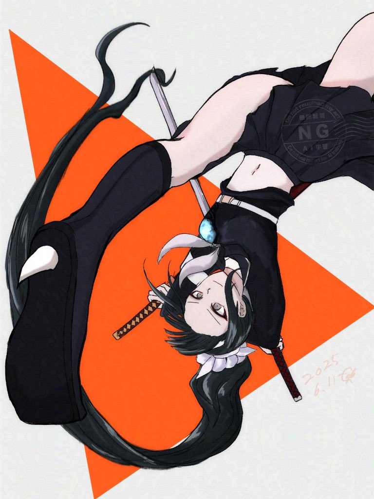 1girl black_boots black_skirt boots closed_mouth female_focus gloves grey_eyes holy_jumonji_sword last_origin legs_apart long_hair magadori_kyoshika orange_background pleated_skirt ponytail scabbard sheath skirt smile solo solo_focus sword the_hundred_line_-last_defense_academy- upside-down weapon white_background white_gloves