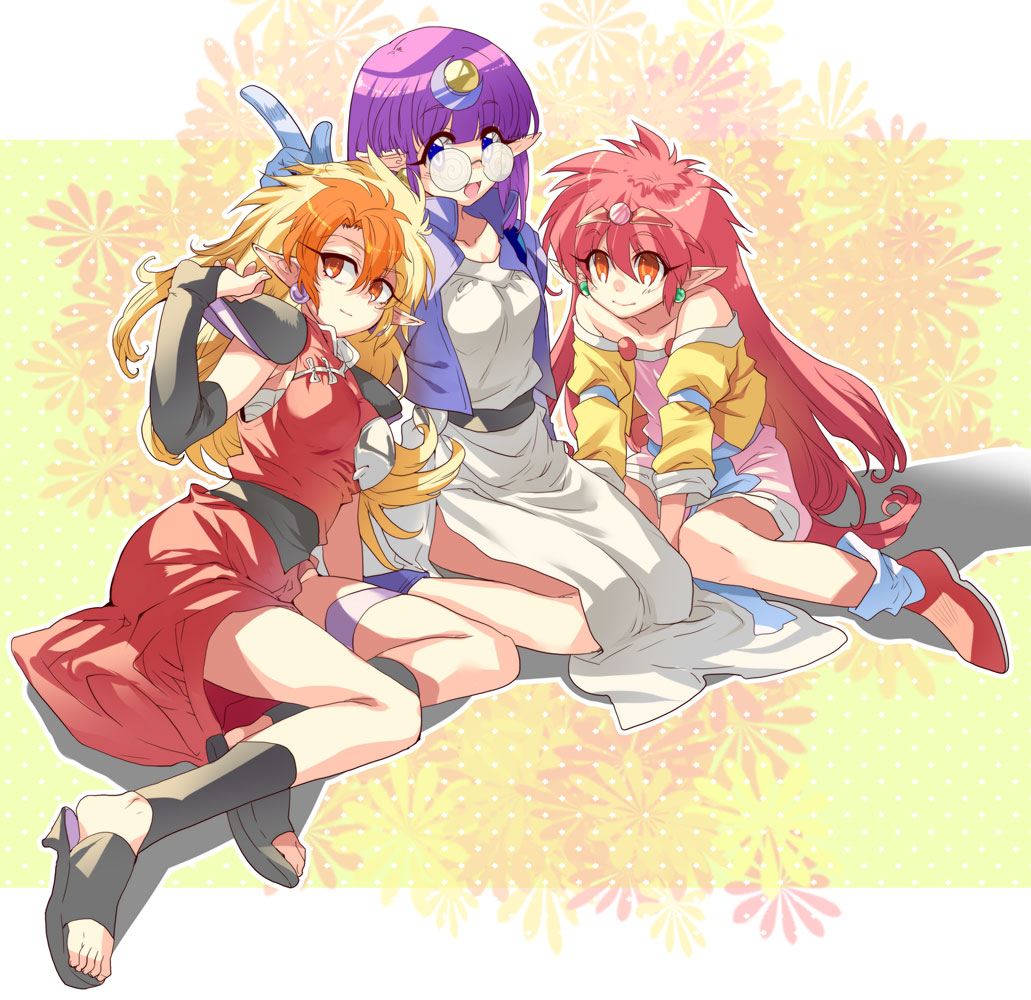 1990s_(style) 3girls arara_cocoa arara_milk blonde_hair blue_eyes crescent crescent_hair_ornament colored_bangs earrings glasses hair_ornament jewelry leska_(arara_cafe_au_lait) long_hair multicolored_hair multiple_girls ng_knight_lamune_&amp;_40 orange_hair pointy_ears purple_hair red_eyes red_hair retro_artstyle round_eyewear siblings sisters tenkuu_sphere two-tone_hair