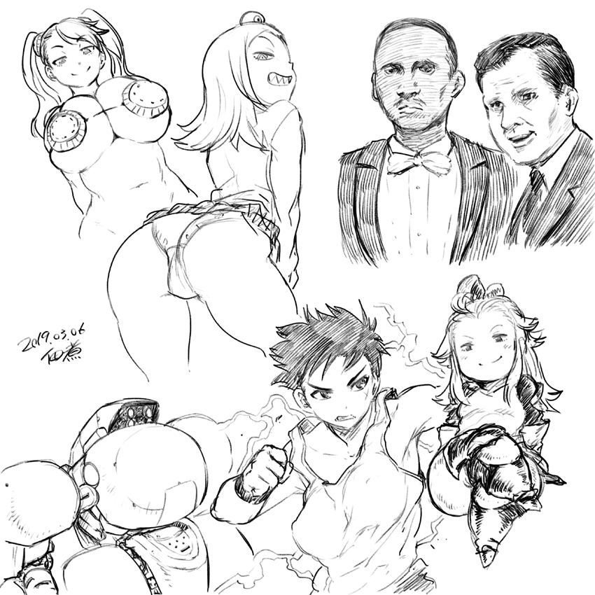 2boys 4girls ass bravely_default_(series) breasts character_request closed_mouth copyright_request greyscale gundam gundam_build_fighters gundam_build_fighters_try huge_breasts long_hair looking_at_viewer mecha midori_(uchuu_patrol_luluco) monochrome multiple_boys multiple_girls panties robot short_hair simple_background smile tsukudani_(coke-buta) uchuu_patrol_luluco underwear white_background