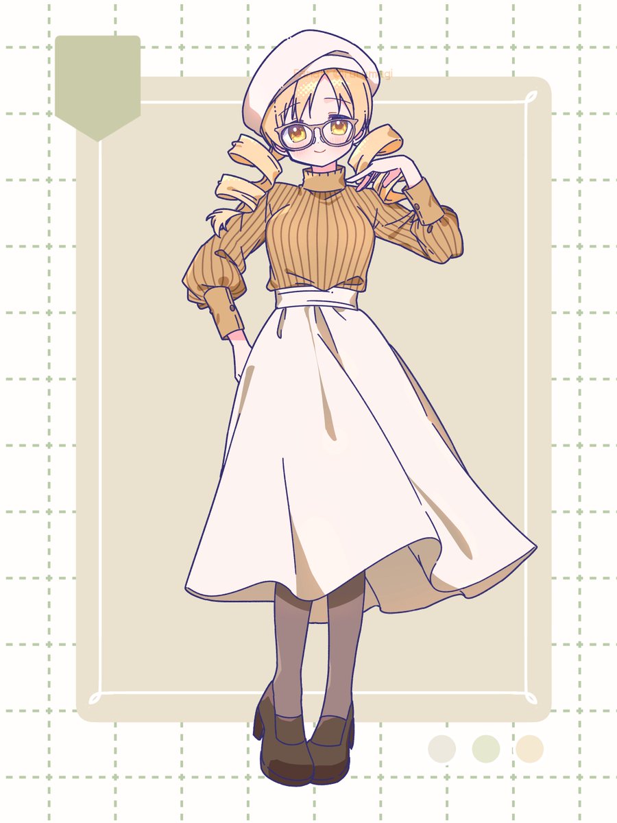 1girl beret blonde_hair brown_background female_focus full_body glasses grid hat highres long_hair looking_at_viewer mahou_shoujo_madoka_magica ruru_(rurumagi) shirt skirt solo tomoe_mami turtleneck twintails white_skirt yellow_eyes yellow_shirt