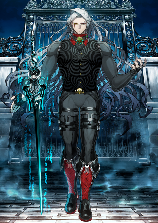 1boy alessandro_di_cagliostro_(fate) ascot belt_buckle black_ascot black_vest blue_background boots braid buckle buttons closed_mouth cracked_skin facial_hair fate/grand_order fate_(series) fingerless_gloves floating_hair full_body game_cg gloves goatee green_eyes grey_gloves grey_pants grey_shirt hand_up heterochromia high_collar long_hair looking_at_viewer male_focus official_art pants red_eyes routo shirt solo standing straight-on sword third-party_source toned toned_male variant_set very_long_hair vest waistcoat weapon white_hair