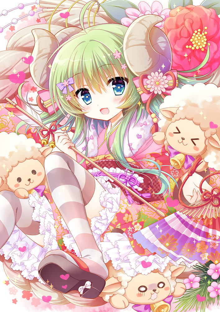 &gt;_&lt; 1girl :d ahoge arrow_(projectile) bell black_footwear blue_eyes bow closed_eyes dress floral_print flower frills green_hair hair_bow hand_fan horns jingle_bell kamishiro_piyo looking_at_viewer new_year open_mouth original paper_fan sheep sheep_horns shoes smile striped_clothes striped_thighhighs thighhighs