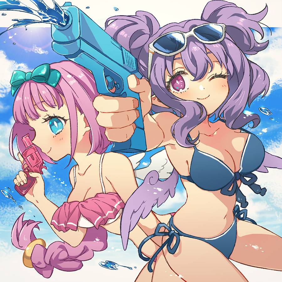 2girls ;) angel angel_wings blue_bow blue_eyes blue_sky bow bra braid breasts ceefore_(disgaea) cleavage commentary_request disgaea eyewear_on_head fingernails hair_between_eyes hair_ornament holding holding_weapon makai_senki_disgaea_7 medium_breasts multiple_girls nitra_(disgaea) one_eye_closed pink_hair pointy_ears purple_eyes purple_hair purple_wings sat0_u0 single_braid sky smile sunglasses swimsuit underwear water_gun weapon wings