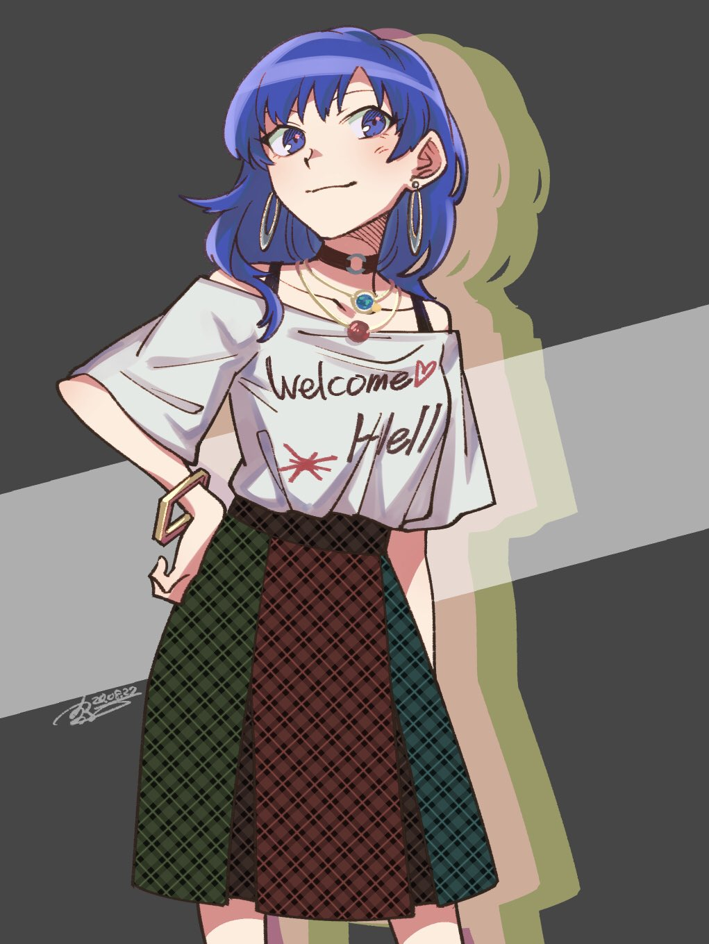 1girl bare_shoulders black_choker blue_eyes blue_hair blue_skirt bracelet choker closed_mouth clothes_writing commentary_request duplicate earrings green_skirt grey_background heart heart_print hecatia_lapislazuli hecatia_lapislazuli_(earth) highres holding jewelry looking_to_the_side medium_hair multicolored_skirt no_headwear off_shoulder red_skirt shikido_(khf) shirt short_sleeves skirt smile solo standing t-shirt touhou white_shirt