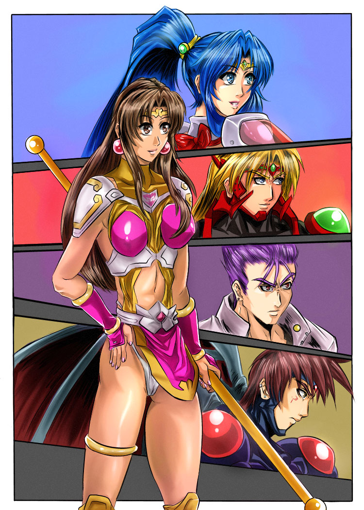 aqua_eyes arm_support armor blonde_hair blue_eyes blue_hair bracelet breasts breasts_apart brown_eyes brown_hair choujin_gakuen_gowcaizer circlet cover covered_erect_nipples demon_wings dress earrings fang gems gloves gowcaizer hair_between_eyes hellstinger highleg_thong hishizaki_shaia_(gowcaizer) holding holding_weapon jewelry kaiza_isato kash_gyustan knee_pads leg_ring leotard lipstick loincloth long_hair magical_girl makeup medium_breasts multiple_boys multiple_girls panties pantyhose penzoom pink_dress pink_legwear ponytail purple_hair red_eyes red_hair revealing_clothes ribbon shigure_kyosuke shoulder_armor smile son_karin staff standing tan technos thong_leotard tiara turtleneck underwear voltage_fighter_gowcaizer weapon white_panties wings yellow_eyes