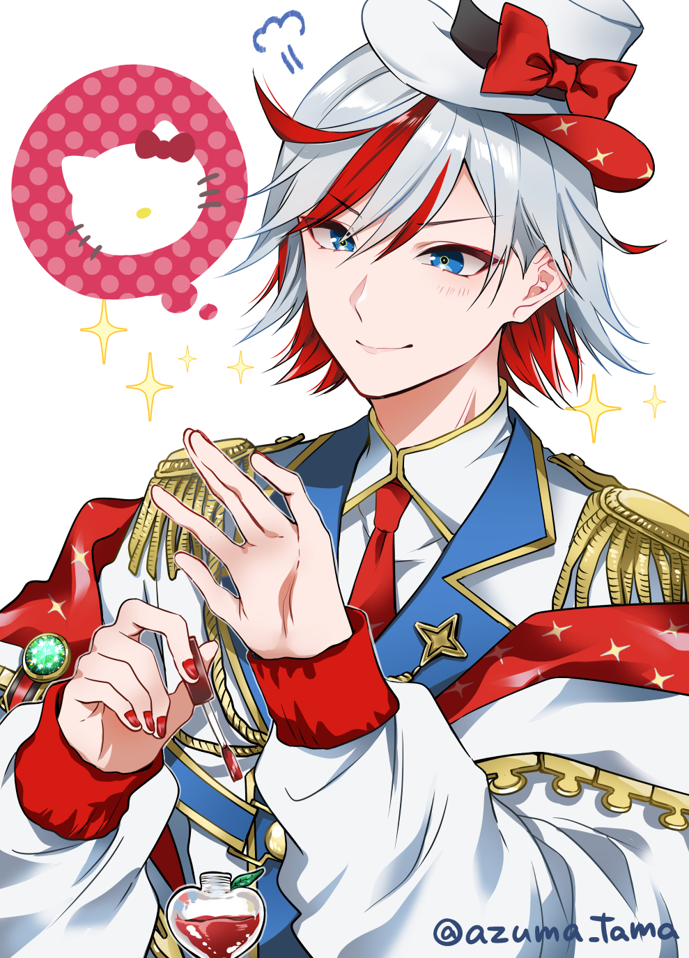 1boy aiguillette applying_manicure bishounen blue_eyes blue_jacket blush bow closed_mouth cosmetics cosplay cowlick epaulettes eyeliner eyes_visible_through_hair facial_mark flipped_hair fragaria_memories gold_trim hair_between_eyes hallritt_(fragaria_memories) hand_up hat hello_kitty hello_kitty_(character) highres holding image_in_thought_bubble jacket lapels looking_at_hand makeup male_focus medal mini_hat mini_top_hat multicolored_hair multicolored_jacket nail_polish nail_polish_bottle nail_polish_brush necktie norarikurari333 notched_lapels open_clothes painting_nails pink_background polka_dot polka_dot_background puff_of_air red_bow red_eyeliner red_hair red_jacket red_nails red_necktie sanrio short_hair simple_background smirk sparkle speech_bubble star_(symbol) thought_bubble top_hat twitter_username v-shaped_eyebrows whisker_markings white_background white_hair white_jacket zipper