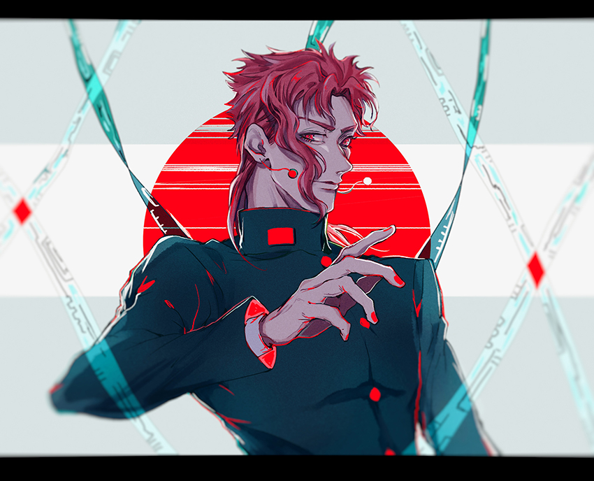 1boy cherry_earrings earrings food-themed_earrings food_themed_earrings green_gakuran hierophant_green jewelry jojo_no_kimyou_na_bouken kakyoin_noriaki long_bangs long_sleeves looking_at_viewer mizudama red_circle red_eyes red_hair short_hair stardust_crusaders upper_body