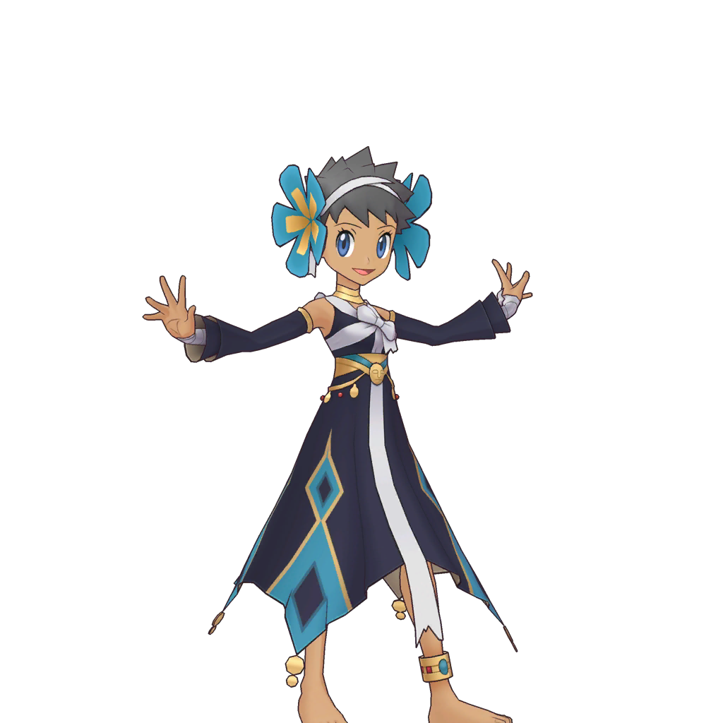 1girl alternate_costume anklet bare_legs barefoot blue_eyes dark-skinned_female dark_skin detached_sleeves elite_four feet flower flower_on_head halloween halloween_costume jewelry nintendo official_alternate_costume official_art open_mouth phoebe_(fall_2023)_(pokemon) phoebe_(pokemon) pokemon pokemon_masters_ex short_hair smile