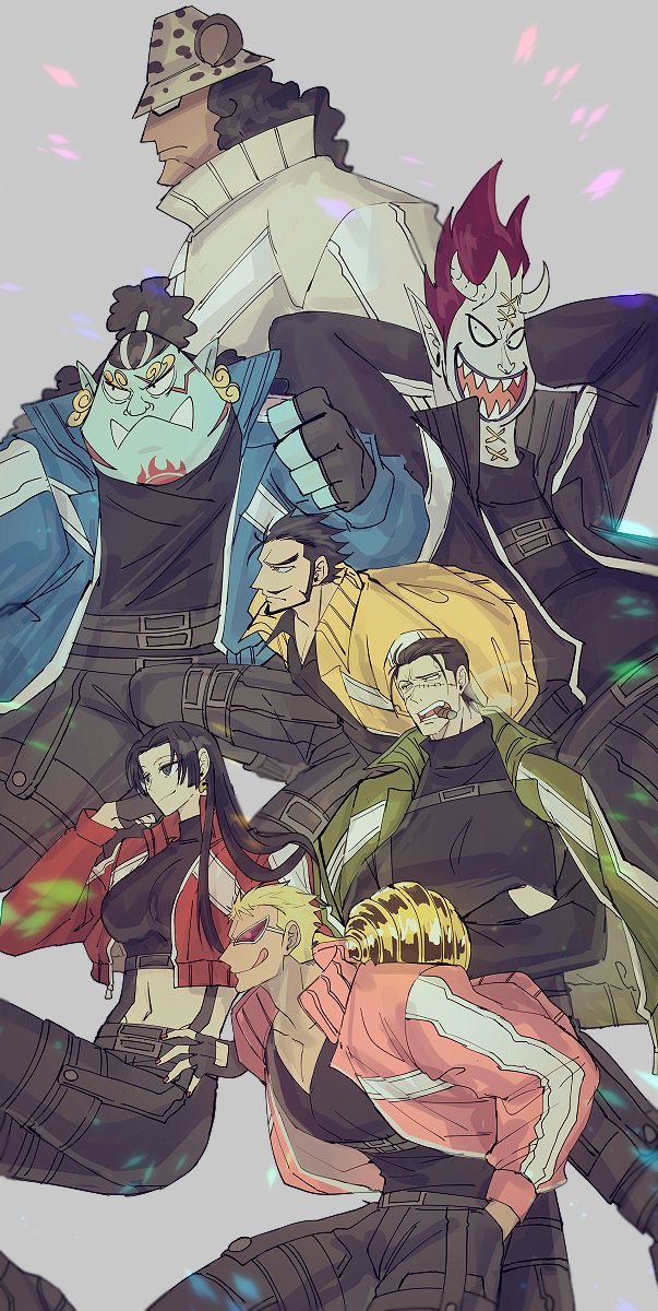 008_yumyum 1girl 6+boys arms_behind_head bartholomew_kuma black_gloves black_hair black_pants blonde_hair blue_skin boa_hancock chest_tattoo colored_skin commentary_request crocodile_(one_piece) crop_top cropped_jacket crossed_arms donquixote_doflamingo dracule_mihawk fingerless_gloves gecko_moria glasses gloves green_jacket hair_slicked_back half_updo hands_in_pockets hat highres hook_hand horns jacket jinbe_(one_piece) korean_commentary looking_ahead multiple_boys one_piece pants red_jacket scar scar_on_face sharp_teeth sideburns smile stitched_face stitches sunglasses tattoo teeth