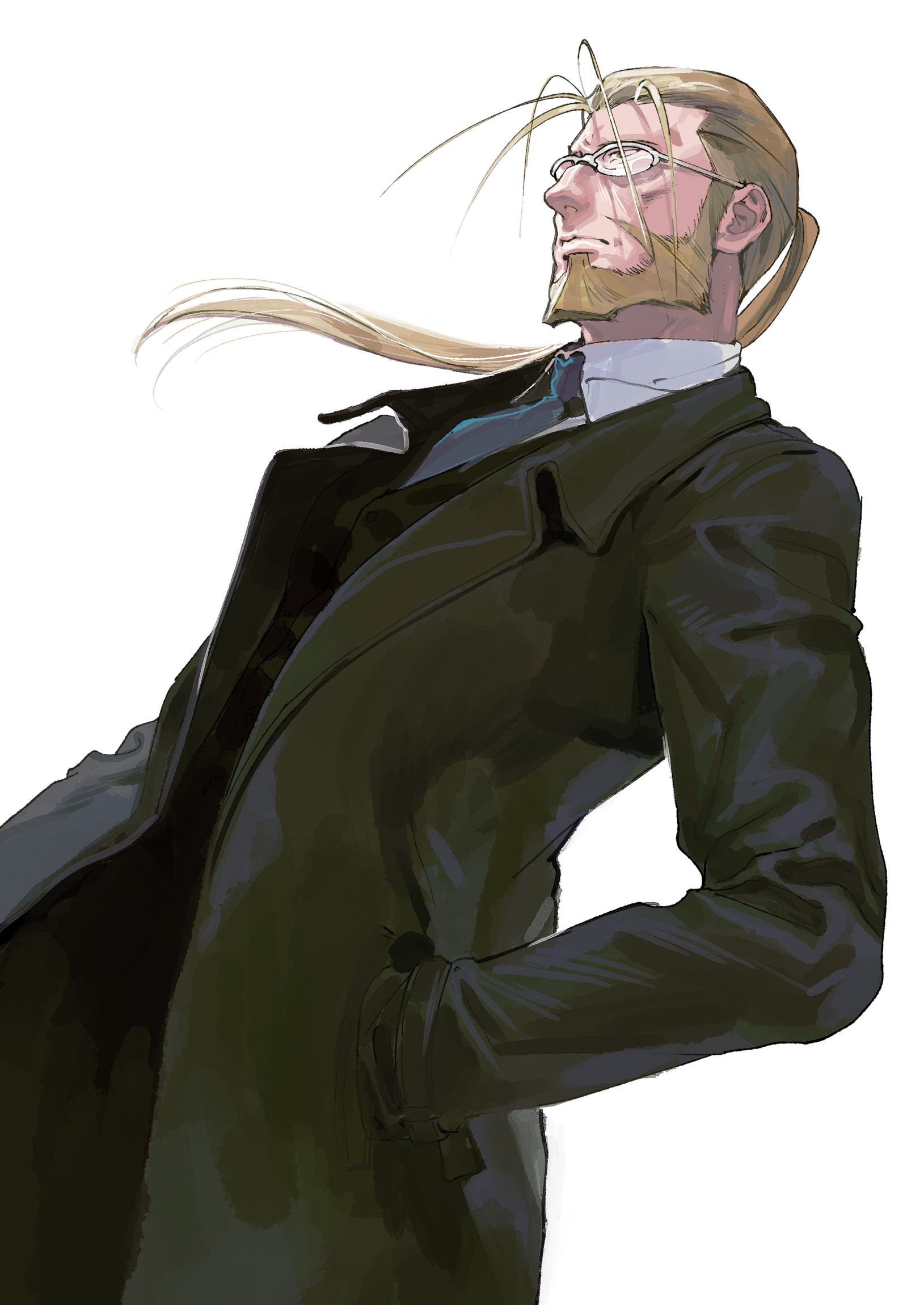 1boy akutsumi arm_at_side beard black_coat black_vest blonde_hair buttons cheekbones closed_mouth coat collared_shirt dress_shirt dutch_angle facial_hair floating_hair fullmetal_alchemist glasses grey-framed_eyewear grey_necktie half-closed_eyes hand_in_pocket highres lapels long_hair long_sideburns looking_afar loose_hair_strand male_focus necktie old old_man over-rim_eyewear ponytail round_eyewear semi-rimless_eyewear serious shirt sideburns simple_background straight_hair upper_body van_hohenheim vest white_background white_shirt wrinkled_skin yellow_eyes