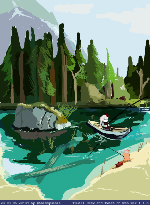 1girl alice_sawyer artist_name bandages boat fishing fishing_rod indie_virtual_youtuber mask nature pig rock sky solo tackle_box tegaki tegaki_draw_and_tweet thegeniea1 timestamp tree twitter_username virtual_youtuber water watercraft
