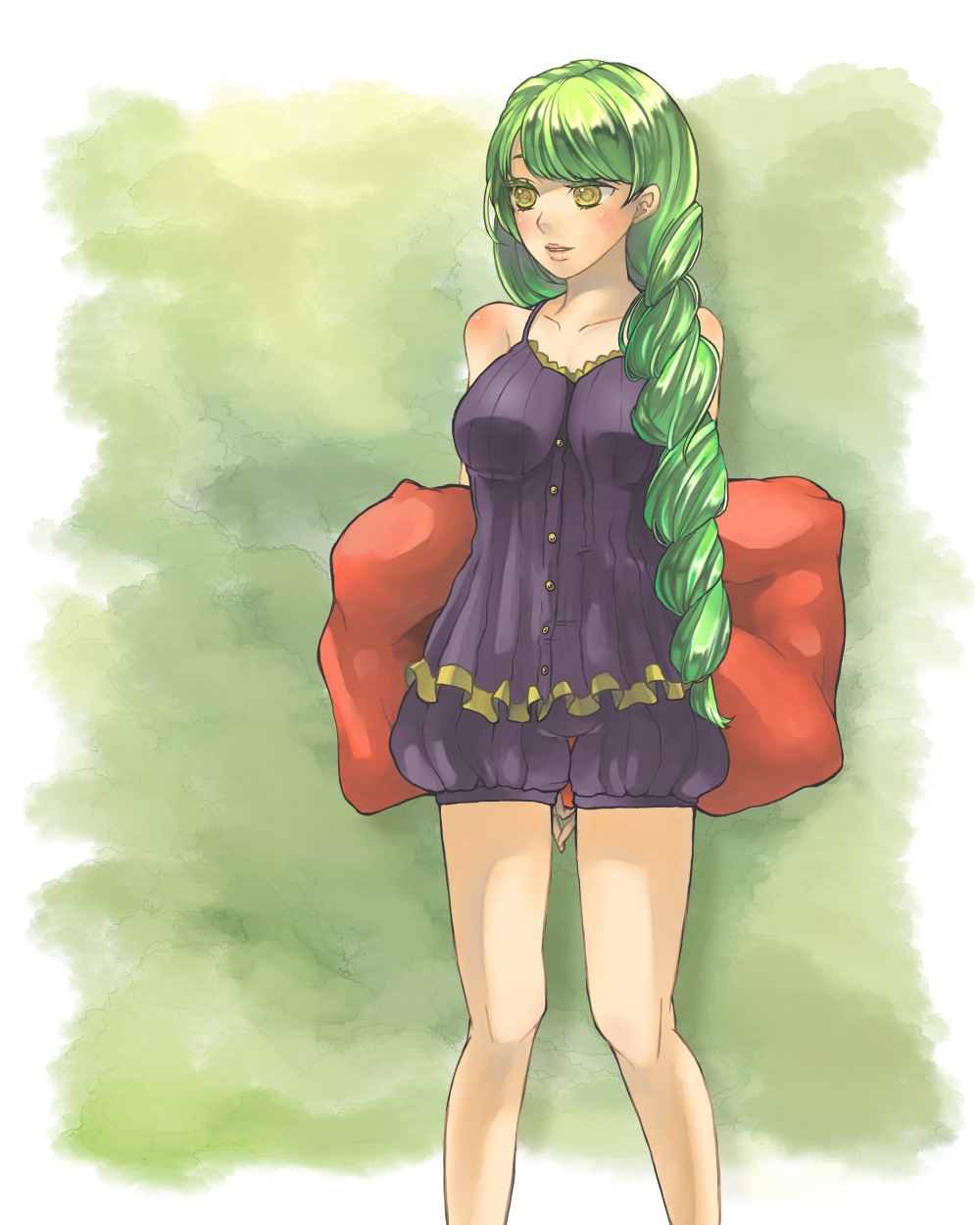 1girl alternate_costume bad_id bad_pixiv_id braid breasts casual colored_eyelashes commentary_request female_focus fiore_brunelli green_background green_hair highres long_hair pillow sleepwear smile solo standing star_ocean star_ocean_integrity_and_faithlessness yellow_eyes