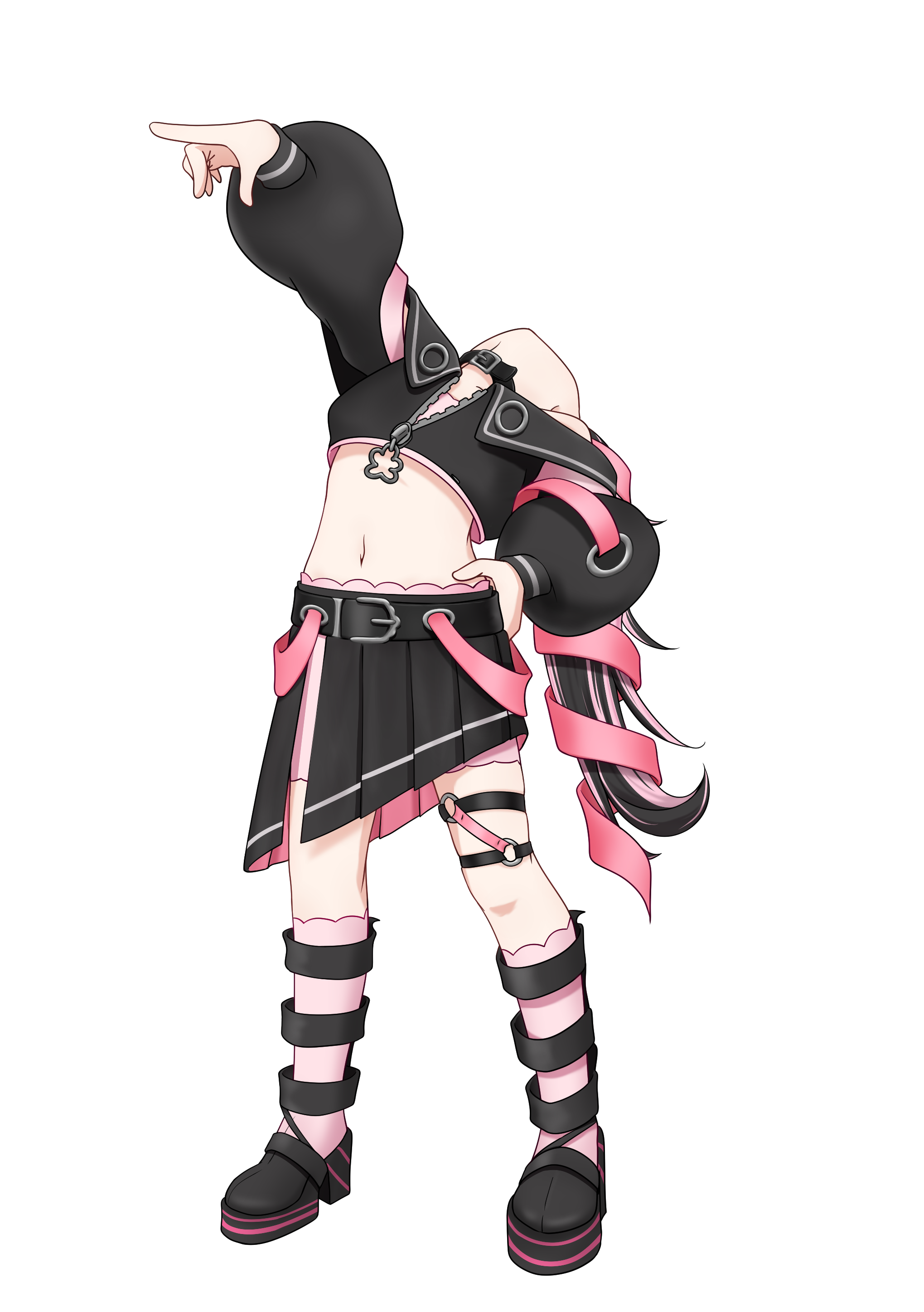 1girl absurdres arched_back belt belt_collar black_belt black_hair black_jacket black_shoes black_skirt bloomers boa_hancock collar commentary_request cropped_jacket cuore_0624 flat_chest full_body hair_ribbon head_back highres jacket long_hair long_sleeves midriff multicolored_hair nanashi_inc. navel o-ring o-ring_thigh_strap oinomori_may oinomori_may_(1st_costume) one_piece pink_bloomers pink_hair pink_ribbon pink_socks pleated_skirt pointing pointing_forward pose_imitation ribbon shoes simple_background skirt socks solo standing thigh_strap transparent_background two-tone_hair underwear virtual_youtuber