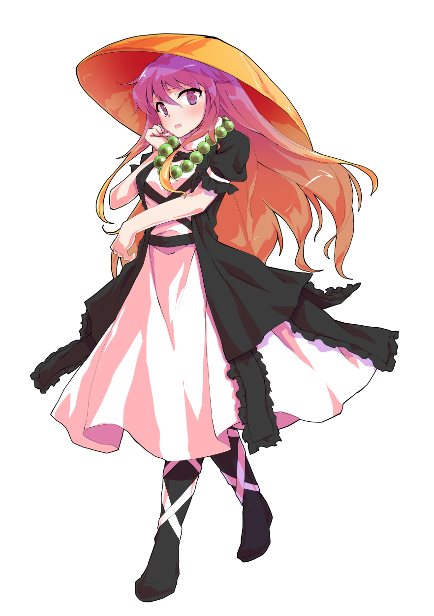 1girl ajirogasa bead_necklace beads black_boots boots dairi dress full_body gradient_hair hat highres hijiri_byakuren jewelry multicolored_hair necklace prayer_beads puffy_short_sleeves puffy_sleeves purple_eyes purple_hair short_sleeves solo tachi-e touhou two-tone_hair white_dress