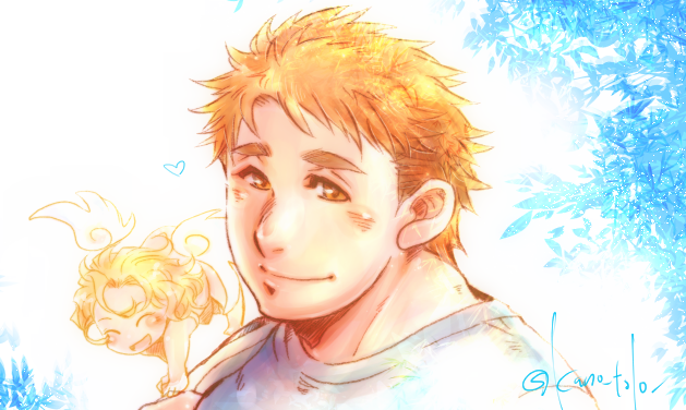 2boys blonde_hair blush brown_eyes cherub closed_mouth commentary_request cupid_(housamo) feathered_wings heart kano_(kano_to10) looking_at_viewer male_focus multiple_boys shirt short_hair sideburns signature smile tareme tennouji_shin&#039;ya thick_eyebrows tokyo_houkago_summoners upper_body white_background white_shirt wings