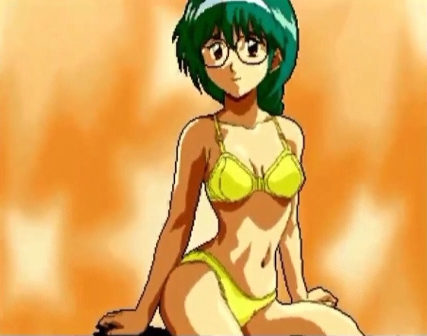 1girl bra brown_eyes green_hair hairband looking_at_viewer mahjong_hyper_reaction_r orange_background panties sammy underwear yellow_bra yellow_panties yuka_(mahjong_hyper_reaction_r)