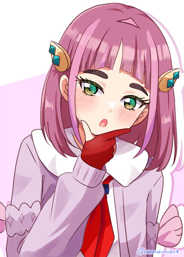 1girl :o amaimi arched_bangs cardigan collared_shirt commentary_request eyelashes gloves green_eyes hair_ornament hairclip hand_on_own_chin hand_up lacey_(pokemon) looking_at_viewer neckerchief nintendo open_cardigan open_clothes open_mouth partially_fingerless_gloves pokemon pokemon_sv purple_cardigan red_neckerchief shirt sidelocks solo stroking_own_chin upper_body white_shirt