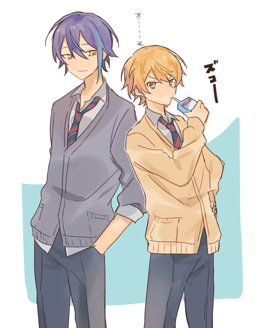 2boys black_necktie black_pants blue_background blue_hair cardigan closed_mouth collared_shirt commentary_request cowboy_shot diagonal-striped_clothes diagonal-striped_necktie drinking_straw drinking_straw_in_mouth frown grey_cardigan hair_between_eyes hand_on_own_hip hand_up hands_in_pockets holding holding_milk_carton kamishiro_rui kamiyama_high_school_uniform_(hyouka) long_sleeves looking_at_viewer male_focus milk_carton multicolored_hair multiple_boys necktie orange_eyes orange_hair pants pocket project_sekai purple_hair red_necktie school_uniform shirt short_hair sidelocks simple_background smile sseri_0 standing streaked_hair striped_clothes striped_necktie tenma_tsukasa translation_request two-tone_background v-shaped_eyebrows white_background white_shirt yellow_cardigan yellow_eyes
