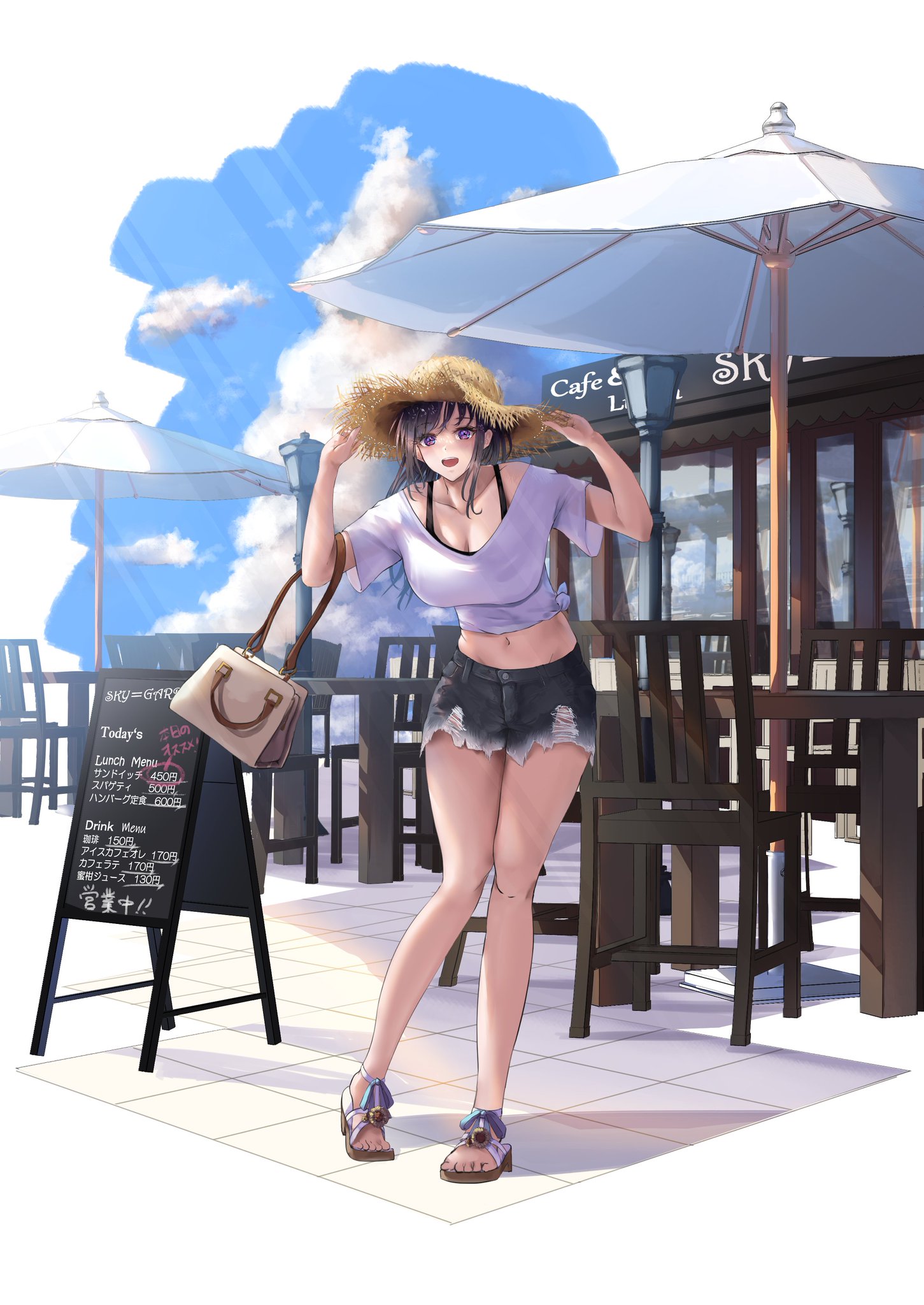 1girl arms_up aruhi_(pyxk7325) bag black_hair black_sports_bra blue_eyes blue_sky blush border breasts brown_bag cafe chair cleavage cloud commentary_request day denim denim_shorts english_text full_body grey_shorts handbag happy hat highres large_breasts light_rays long_hair looking_at_viewer menu_board midriff navel no_socks off-shoulder_shirt off_shoulder open_mouth original outdoors parasol purple_shirt sandals shadow shirt short_shorts short_sleeves shorts sky smile solo sports_bra straw_hat sun sunbeam sunlight table tied_shirt torn_clothes torn_shorts translation_request umbrella white_border wide_sleeves