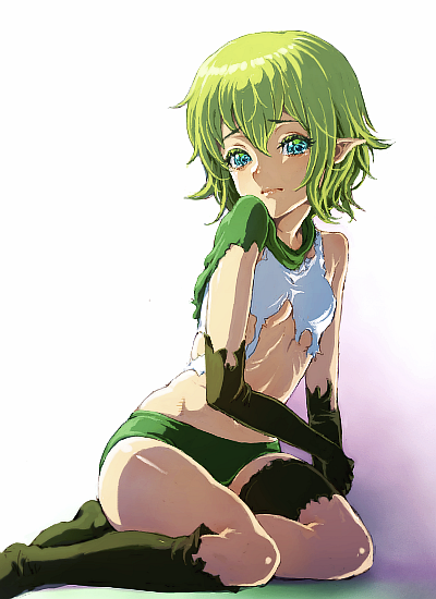 1girl breasts buruma commentary_request dungeon_ni_deai_wo_motomeru_no_wa_machigatteiru_darou_ka elbow_gloves elf gloves green_buruma green_eyes green_hair looking_at_viewer matsudo_aya oekaki pointy_ears ryu_lion short_hair sitting small_breasts solo torn_clothes