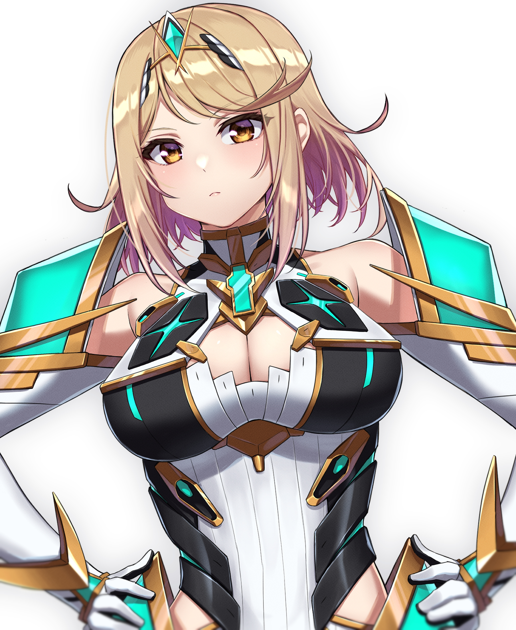 1girl alternate_hair_length alternate_hairstyle armor black_gloves blonde_hair breasts chest_jewel cleavage cleavage_cutout closed_mouth clothing_cutout commentary_request dress elbow_gloves flipped_bangs gloves hands_on_own_hips highres large_breasts light_frown looking_at_viewer mythra_(xenoblade) shinae short_dress short_hair simple_background solo swept_bangs tiara two-tone_gloves white_dress white_gloves xenoblade_chronicles_(series) xenoblade_chronicles_2 yellow_eyes