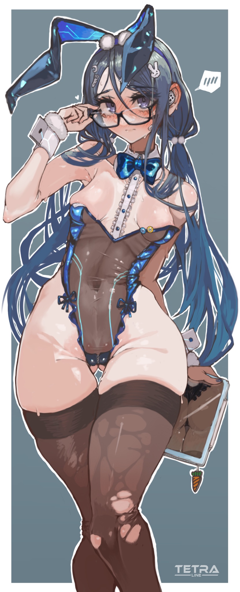 1girl @_@ adjusting_eyewear animal_ears ass black_hair black_thighhighs blue_background blue_bow blue_bowtie blue_eyes blue_hair blush border bow bowtie breasts buttons carrot carrot_on_stick crotch_zipper detached_collar earpiece exia_(hacker_rabbit)_(nikke) exia_(nikke) gluteal_fold goddess_of_victory:_nikke gradient_hair highres holding holding_tablet_pc leotard logo long_hair looking_at_viewer low_twintails multicolored_hair playboy_bunny rabbit_ears rabbit_ornament rabbit_tail rustycork see-through_clothes see-through_leotard semi-rimless_eyewear small_breasts solo standing strapless strapless_leotard tablet_pc tail thighhighs torn_clothes torn_thighhighs twintails under-rim_eyewear very_long_hair white_border wrist_cuffs