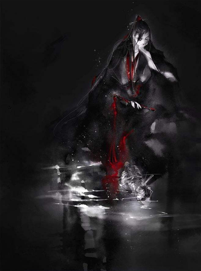1boy black_hair black_hanfu chinese_clothes dark different_reflection dizi faux_traditional_media flute flute_tassel hair_ribbon hand_on_own_face hanfu head_rest high_ponytail holding holding_flute holding_instrument ink_wash_painting instrument kcllzas163 light_particles long_hair long_sleeves looking_down male_focus modao_zushi monochrome ponytail red_ribbon reflection reflective_water ribbon ripples robe sitting skeleton solo spot_color tassel third-party_source transverse_flute very_long_hair water wei_wuxian wide_sleeves