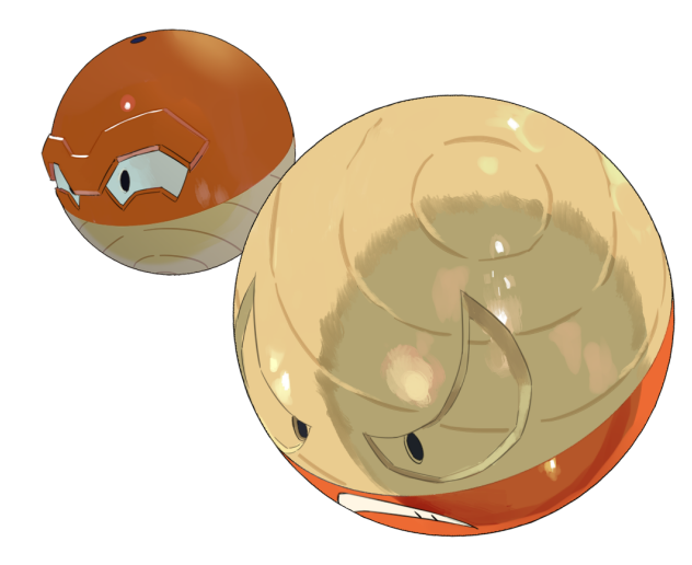 ball black_eyes e_volution evolutionary_line grin hisuian_electrode hisuian_voltorb nintendo no_humans pokemon pokemon_(creature) simple_background smile teeth white_background