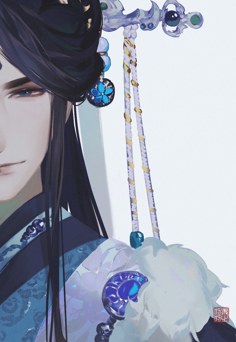 1boy black_hair blue_eyes blue_gemstone blue_hanfu chinese_clothes closed_mouth fur_trim gem hair_ornament hair_pulled_back hair_stick hanfu highres jinguang_budaixi light_smile long_hair long_sidelocks looking_at_viewer male_focus portrait seal_impression shadow shen_gu_wen_huang sidelocks simple_background solo split_crop watermark weizhidaodao white_background