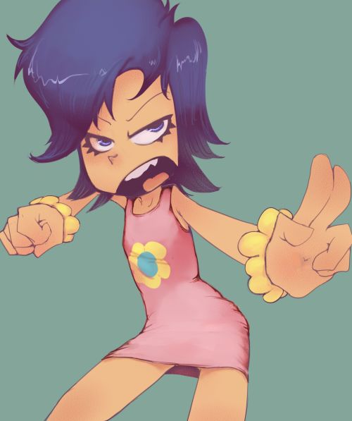 1girl bracelet cartoon_network conoghi cosplay crossover dress fang fighting_stance floral_print green_background hi_hi_puffy_amiyumi jewelry looking_at_viewer mandy_(grim_adventures) mandy_(grim_adventures)_(cosplay) open_mouth pink_dress print_dress purple_eyes purple_hair short_hair sleeveless sleeveless_dress standing teeth the_grim_adventures_of_billy_&amp;_mandy yumi_yoshimura